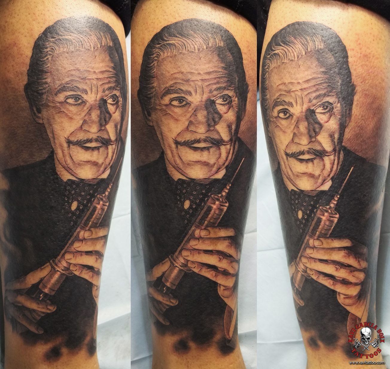Tatuaje retrato realista de Abbott y Costello contra el Dr. Jekyll en Valencia por Xavi García Boix
