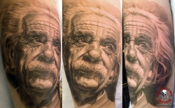 Tatuaje retrato realista de Albert Einstein en Valencia por Xavi García Boix