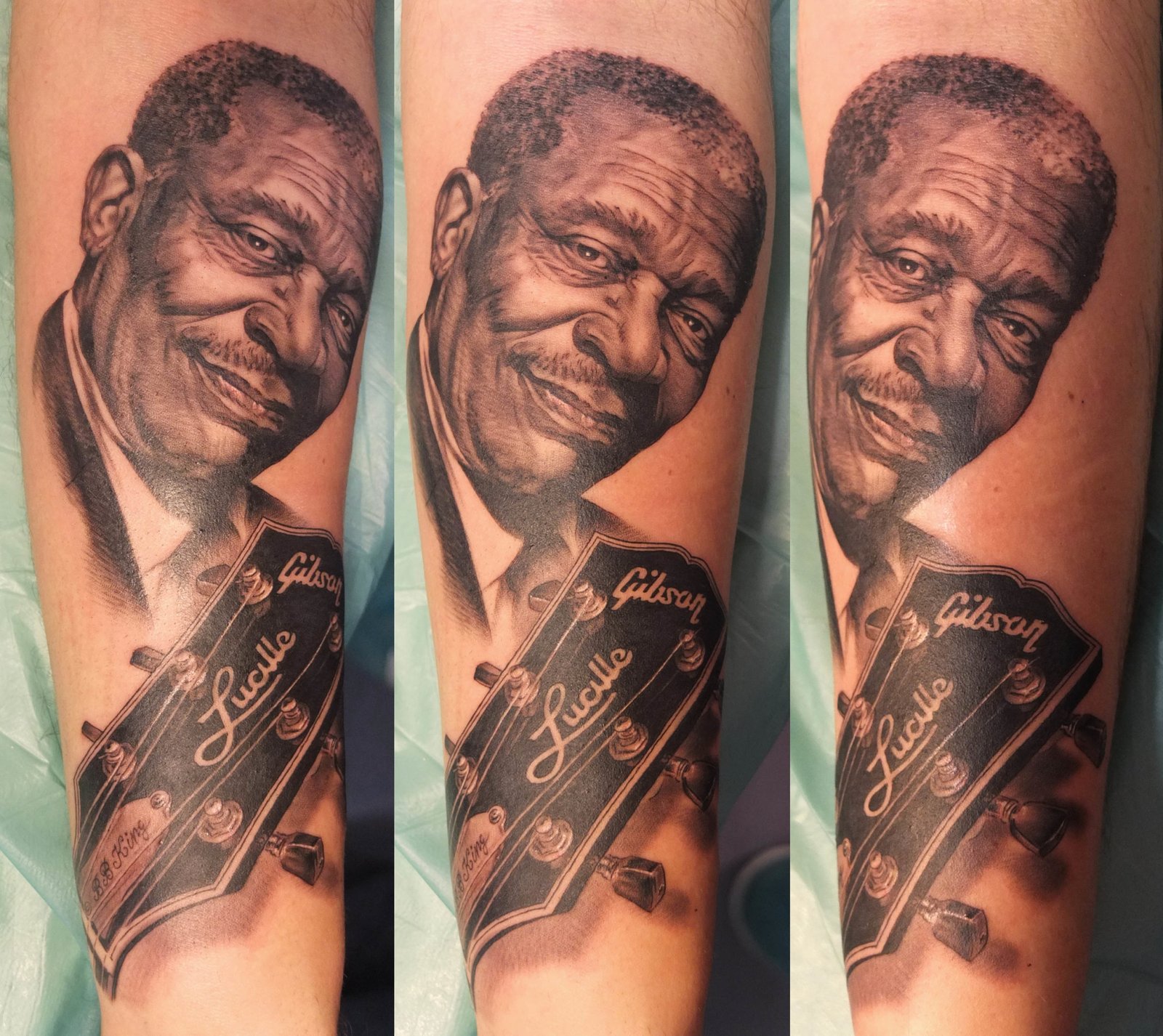 Tatuaje retrato realista de B. B. King en Valencia por Xavi García Boix