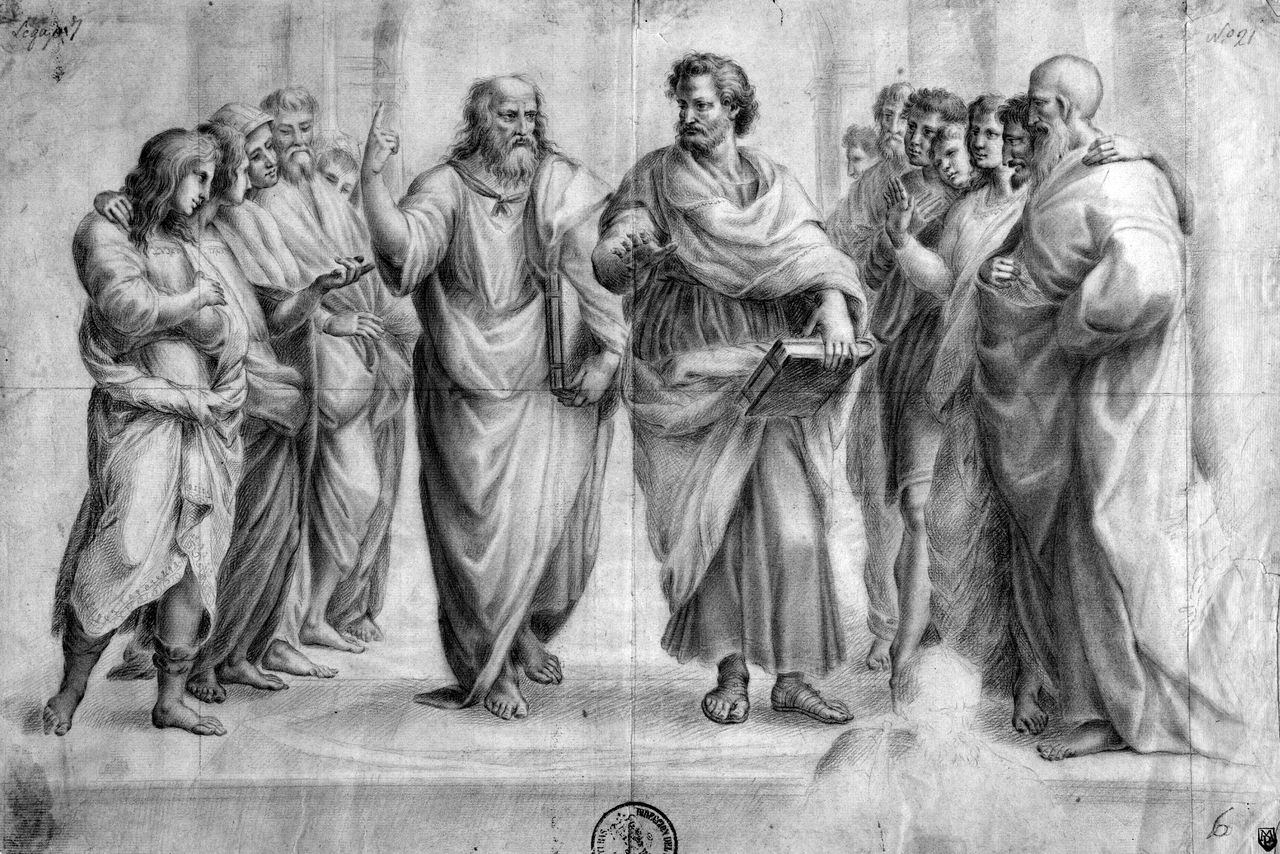 Dibujo clásico de Platón y Aristóteles rodeados de discípulos, inspirado en La escuela de Atenas de Rafael