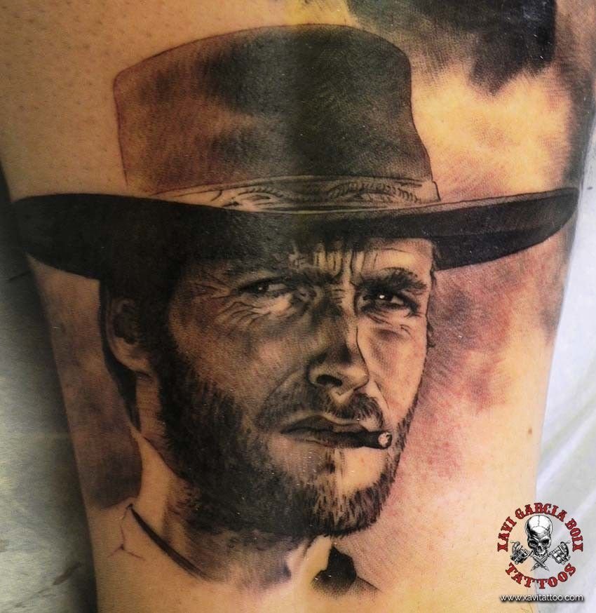 Tatuaje retrato realista de El bueno, el feo y el malo en Valencia por Xavi García Boix