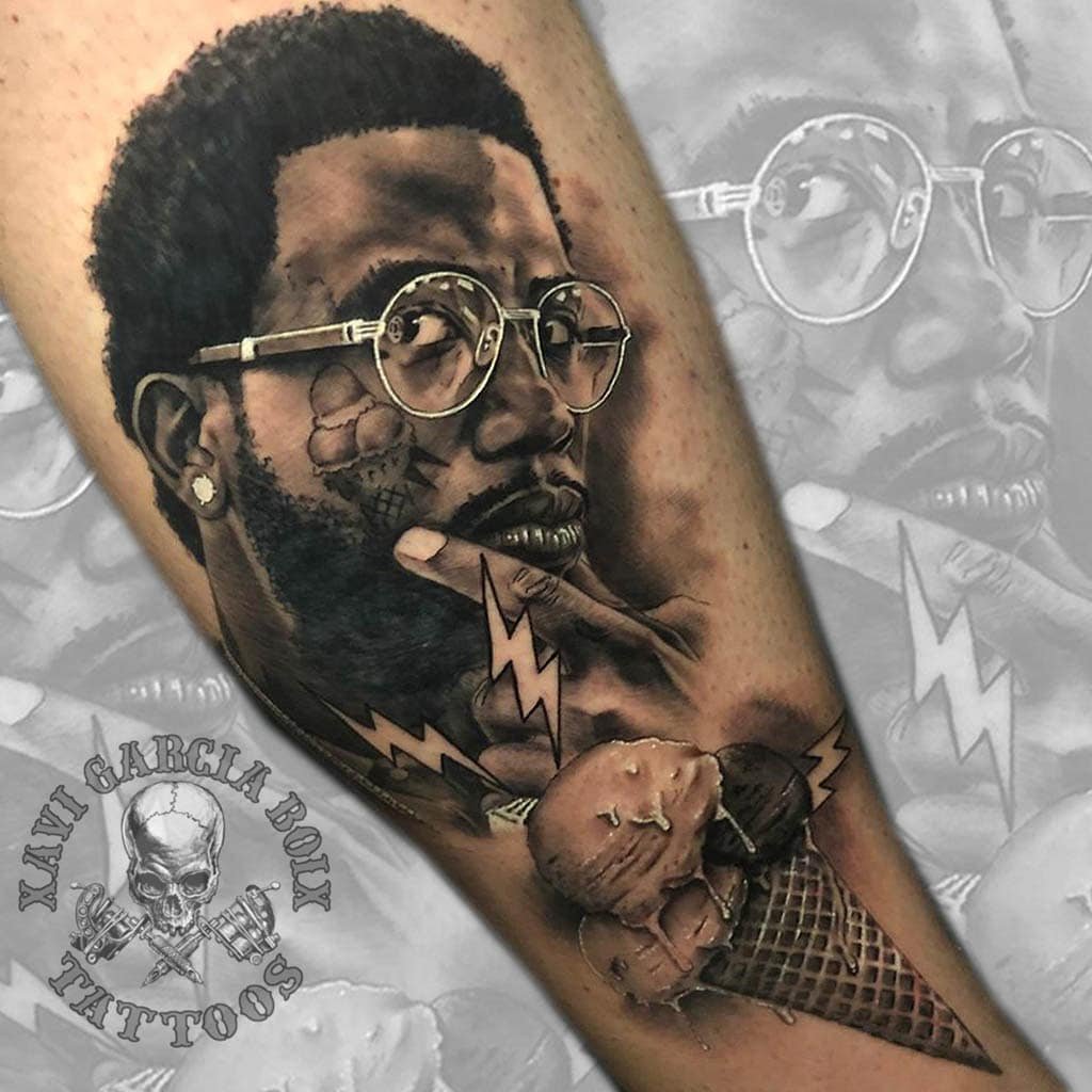 Tatuaje retrato realista de Gucci Mane en Valencia por Xavi García Boix