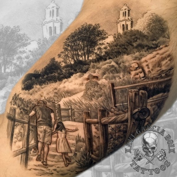 Tatuaje realista de Paseo por el pueblo en Valencia por Xavi García Boix