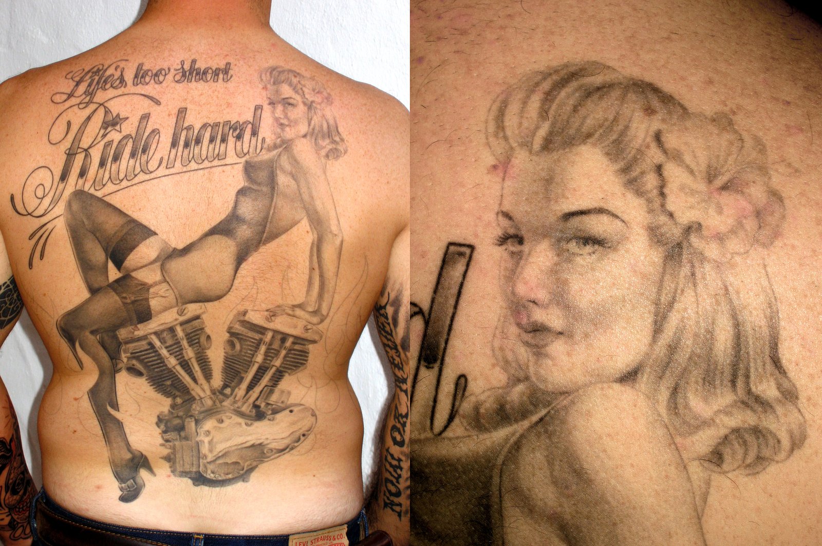 Tatuaje realista: pin-up sobre una moto con el lema Ride hard, por Xavi García Boix en Valencia
