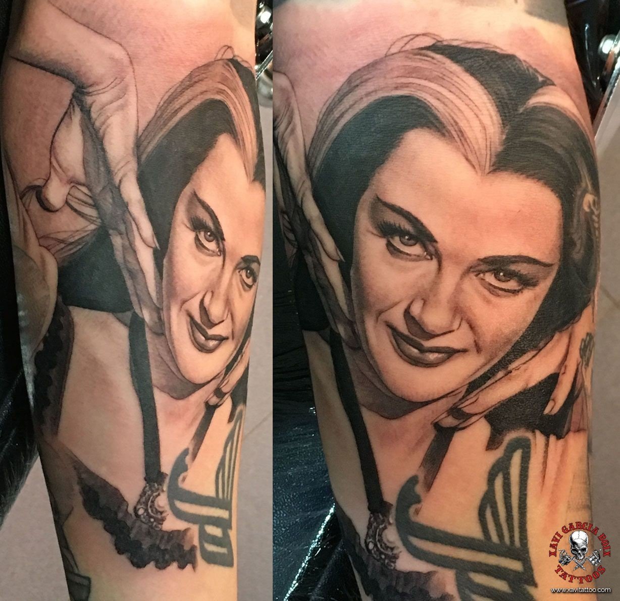 Tatuaje retrato realista de Lily Munster en Valencia por Xavi García Boix