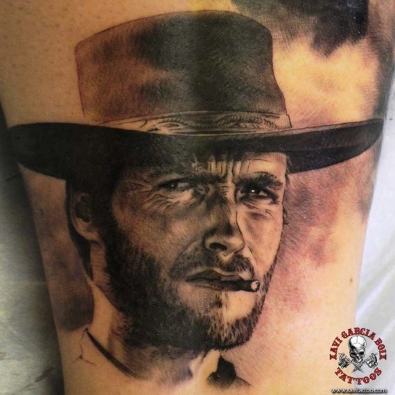 xavi garcia boix tattoo retrato realismo portrait realism tatuaje valencia tatuajes personajes famosos famous characters el bueno el feo y el malo Clint Eastwood-01